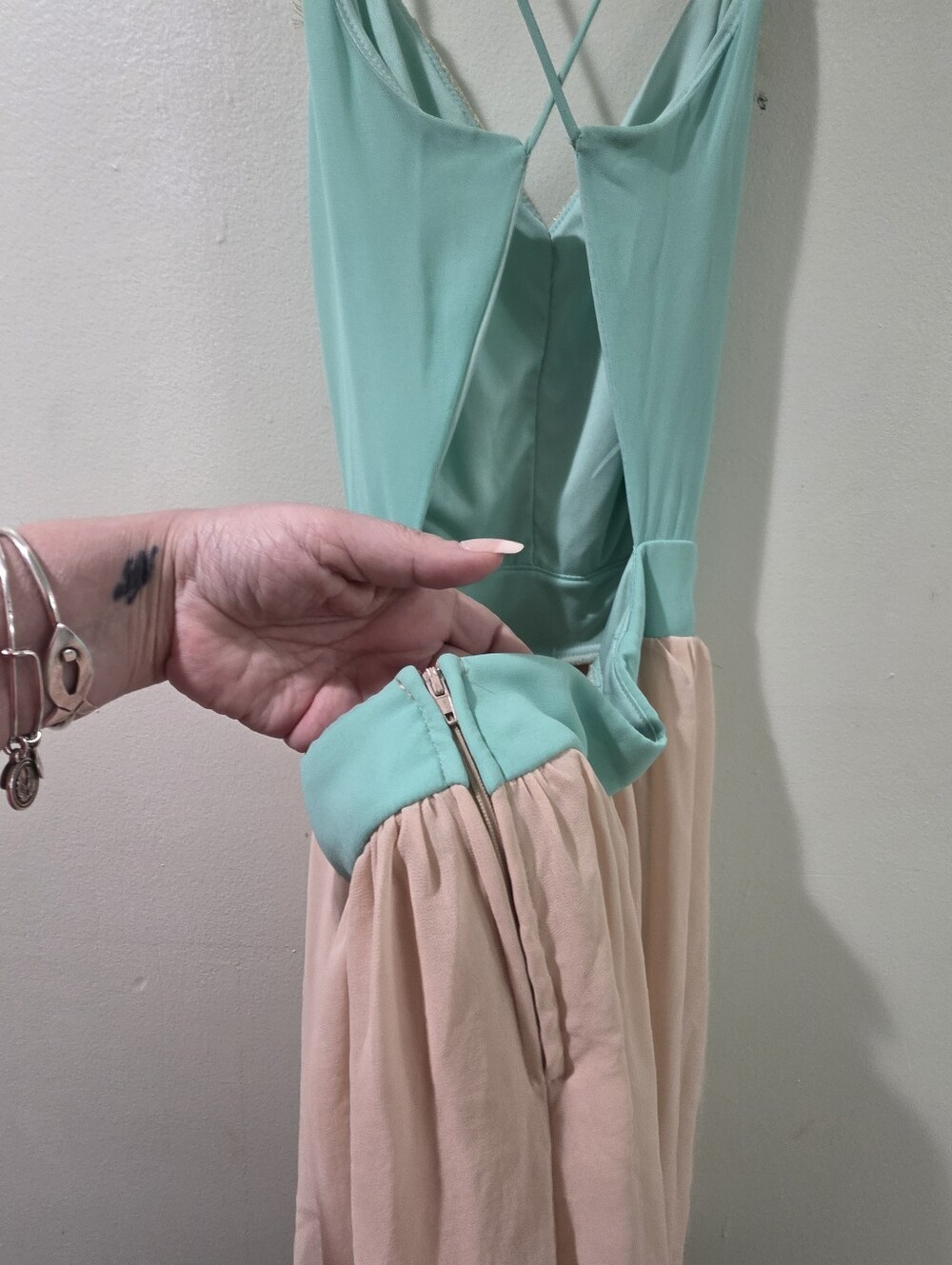 MYSTIC Mint Lace Bodice LAYERED Chiffon Dress BOHO flowy See Measurements. - Picture 5 of 11